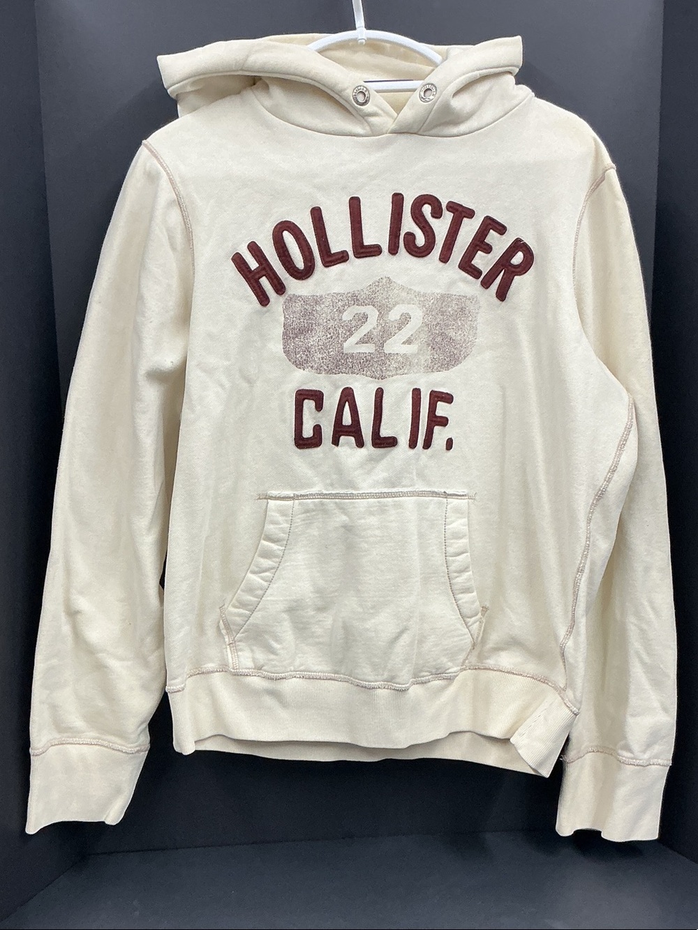 Vintage Y2K Hollister Pullover Hoodie, Cream with Burgundy Letters